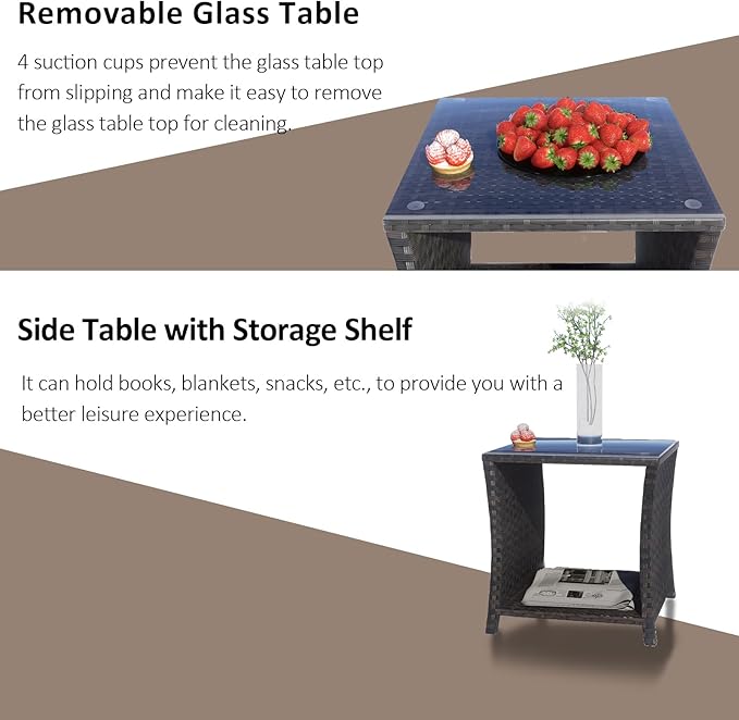 Outdoor Rattan Side Table, Modern Patio End Side Table with Glass Top and Storage Shelf, Wicker Side Table for Yard, Balcony, or Livingroom