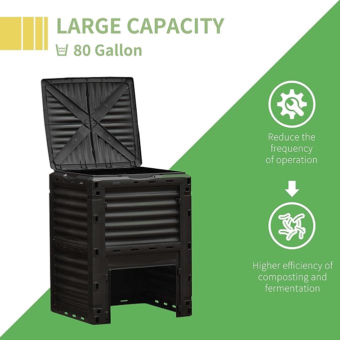 Compost Bin Outdoor 80 Gallon Garden Composter, with 48 Vents and Sliding Doors, Lightweight Outdoor Compost Box for Garden, Kitchen, and Yard Waste, Black+Yellow