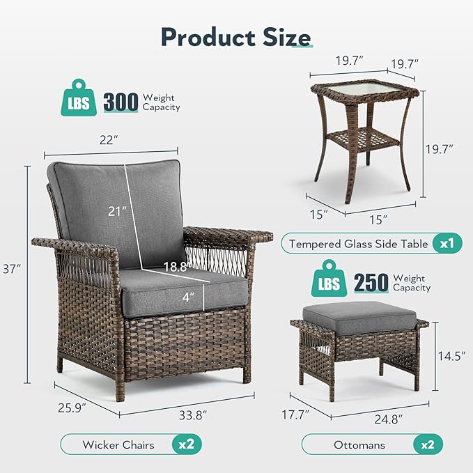 5 Pieces Wicker Patio Furniture Set - Hollow Widen Armrests Outdoor Rattan Chairs with Ottomans and Side Table, Small Patio Convention Set for Balcony Porch Deck and Yard - Brown/Gray
