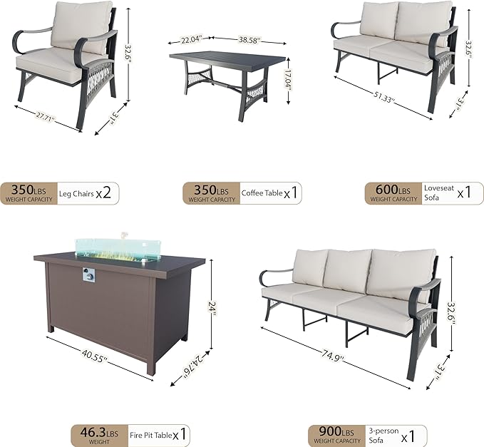 6 Pieces Outdoor Patio Conversation Sets with All Weather Cushions, Metal 3-Seater, 2 Single Chairs, 1 Loveseat, 1 Coffee Table, 1 Fire Pit Table for Backyard Deck Porch Poolside, Beige