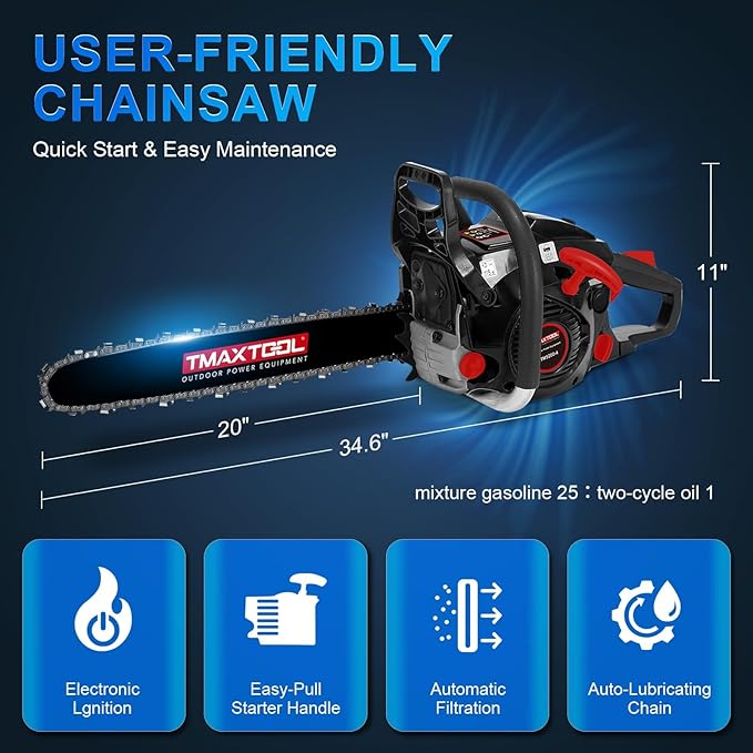 62cc Gas Chainsaw, 20 Inch 16Inch Chain Saw, Gas Powered Chainsaws, 2-Stroke 3.5-HP Gasoline Power Chain Saws with Automatic Oiler for for Wood Cutting and Tree Trimming, Easy-Start, Black