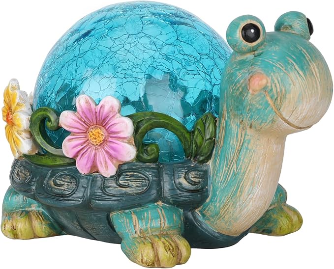 Afirst Solar Garden Statues Outdoor Figurines - Turtle Lawn Ornament with Solar Lights Cracked Glass Outdoor Decor for Patio Yard Decorations