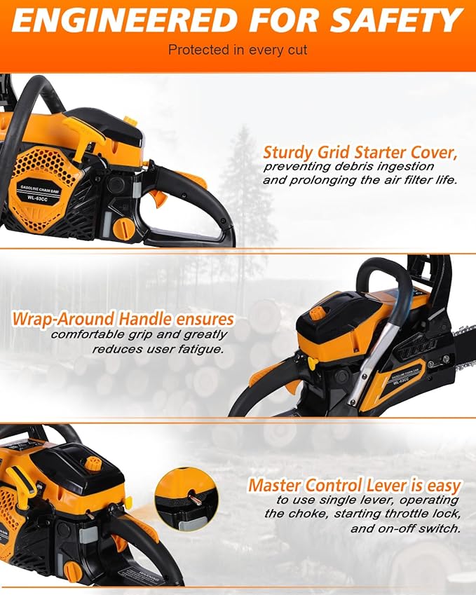 63cc Gas Powered Chainsaw, 3.2KW/3.2HP 2-Cycle Engine, 20-Inch Guide Bar, Professional Power Saw with CDI Ignition, Automatic Oiler & Anti-Vibration System for Heavy-Duty Use
