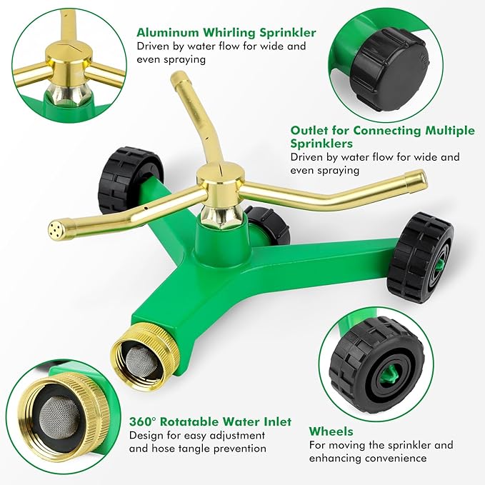 [2 Pack] RESTMO 3-Arm Metal Sprinkler with Wheel Base, 360 Degree Automatic Rotary Lawn Sprinkler System for Garden Plant, Flower Bed and Yard Watering and Large Yard Area Watering