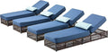 Luxury Outdoor Chaise Lounges with 5 Inch Thickened Cushions - Set of 4 High Back Brown Wicker Patio Recliners Rattan Reclining Chairs Porch Poolside Pool Sunbathing Lounger - Navy Blue