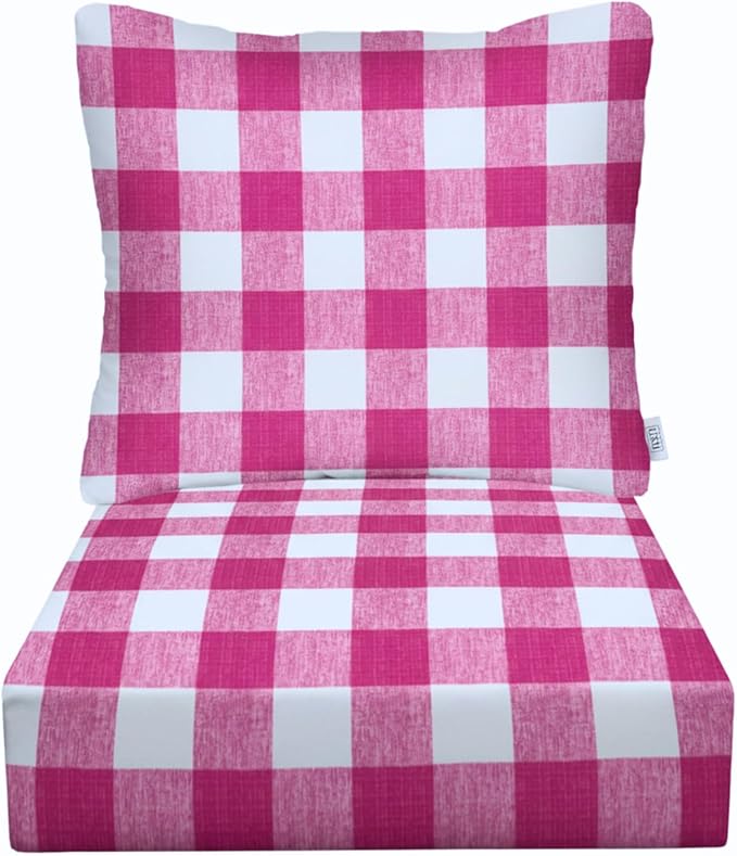 RSH DECOR Deep Seating Cushion with Pillow Back | 22” x 25” Seat | Water and Fade-Resistant Spun Fabric | Outdoor Chair Cushion Set for Patio Furniture | Classic Pink Buffalo Plaid