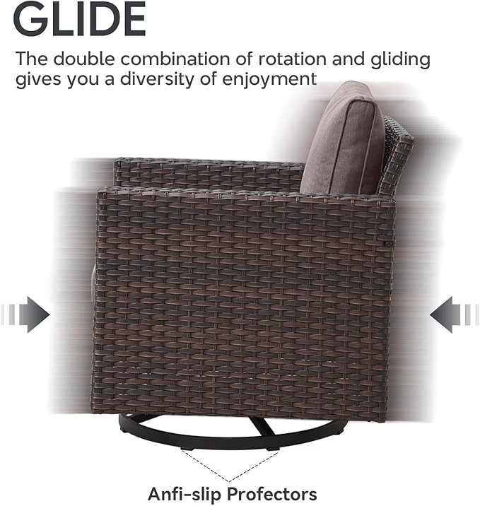 6 Piece Wicker Patio Furniture Set - Outdoor Swivel Rocker Chairs Set with Side Table, 3 Seat Sofa and Ottomans, Small Patio Conversation Sets Proch Furniture for Balcony Deck - Brown/Grey