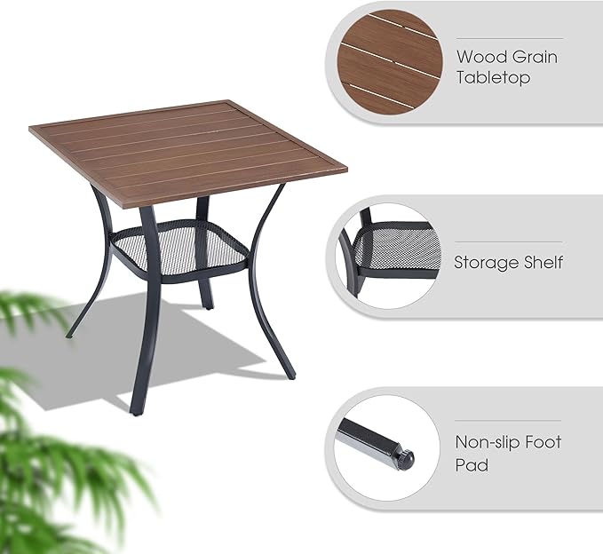 VICLLAX 3 Pieces Outdoor Dining Set, Patio Furniture Set of 2 Patio Swivel Dining Chairs and Small Dining Table with Storage Shelf, Dark Charcoal Chairs & Walnut Tabletop