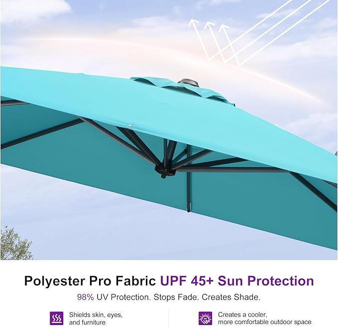 PURPLE LEAF Patio Umbrella with Base 10 Feet Outdoor Cantilever Square Umbrella Aluminum Offset Umbrella with 360-degree Rotation for Garden Deck Pool Patio, Turquoise Blue