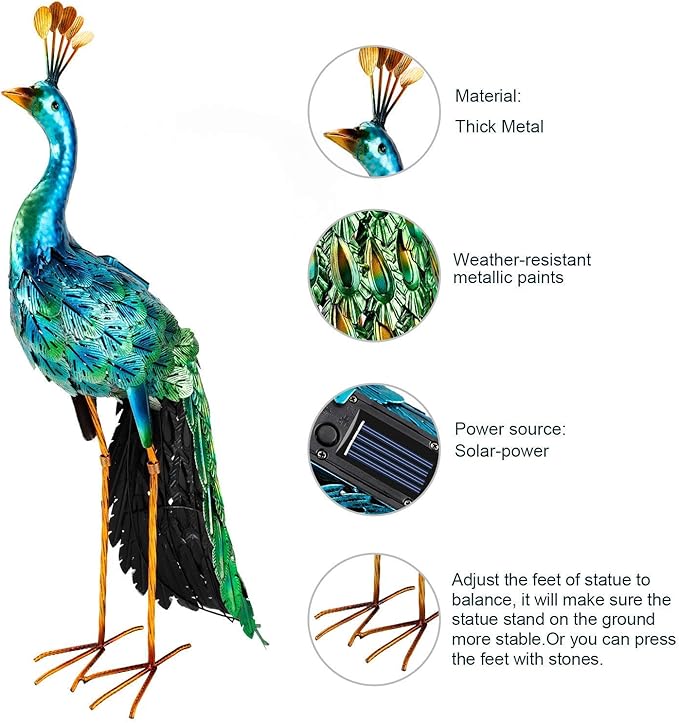 chisheen Outdoor Solar Peacock Statue Garden Decor for Outside Metal Yard Art Outdoor Decoration for Lawn Backyard Party Wedding Mother's Day Gardening Gifts for Women