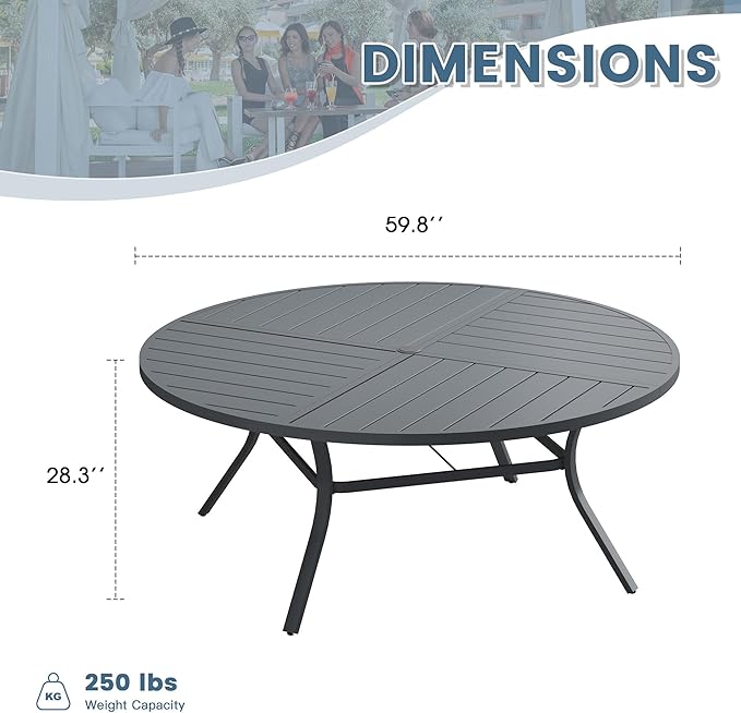 DIFY 59.8" Round Outdoor Patio Dining Table for 8-10, All-Weather Metal Steel Slatted Patio Table with 1.57" Adjustable Umbrella Hole, for Lawn Garden Porch Backyard, Grey