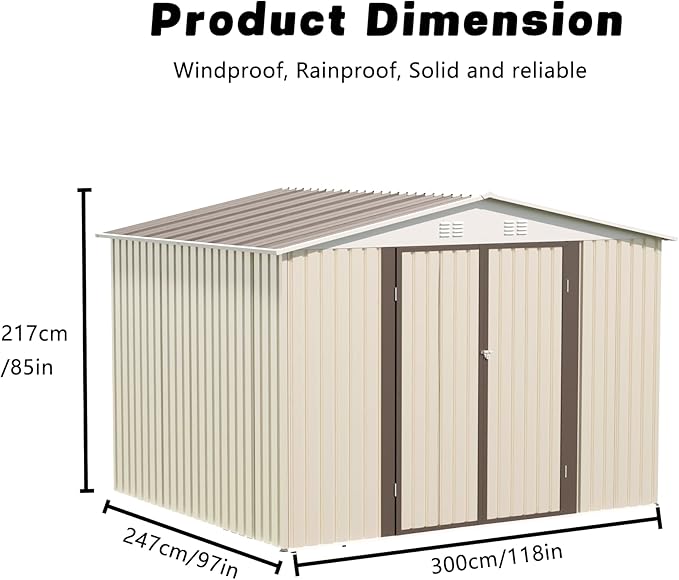10x8 FT Outdoor Storage Shed with Foundation,Metal Aluminum Tool Sheds,Heavy-Duty Sheds with Sloped Roof, Air Vent and Hinge Doors,Garden Shed Bike Shed for Backyard Patio Lawn,Cream White