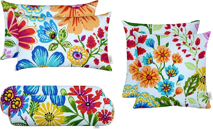 RSH DECOR: 6-Pack Pillow Set | All-Weather Spun Fabric | Water & Fade-Resistant | 17" Square, 20" x 12" Lumbar, 20" x 6" Neck Roll | Outdoor Pillows for Patio Furniture | Gregoire Fresco