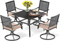 PHI VILLA 5 Pieces Outdoor Dining Set for 4, 37" Square Metal Wrought Iron Table with Umbrella Hole & Swivel Steel Chairs with Cushions, Modern Furniture Set for Patio, Deck, Porch, Yard