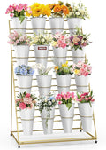 Flower Display Stand with Buckets, 4 Layers 16 PCS Buckets Plant Stand with Wheels, Movable Metal Plant Stand for Terrace Garden, Living Room, Florist Shop (Gold Frame - White Buckets, 4-Tier- 16 Buckets)