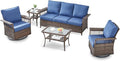 5 Pieces Wicker Patio Furniture Set - Hollow Widen Armrests Outdoor Swivel Glider Chairs and 3 Seat Sofa with Coffee Table & Side Table for Balcony Porch Deck and Yard - Brown/Blue
