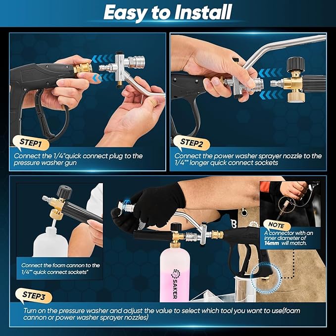 Saker Foam Cannon for Pressure Washer Kit with 10 PCS Saker Pressure Washer Hose Connector Set,Pressure Washer Gun for Car Washing and Cleaning,M22-14 Swivel to 3/8'' QC, 3/4" to QD