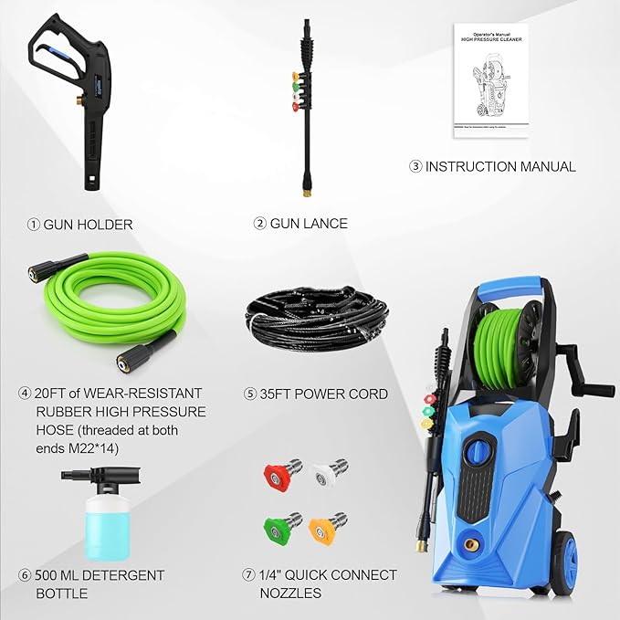5000PSI Pressure Cleaner, 2025 New Power Cleaner with 33FT Flexible Extension Pressure Cleaner Hose Reel, 4 Nozzles, Professional Power Cleaners for Home/Car(Blue)