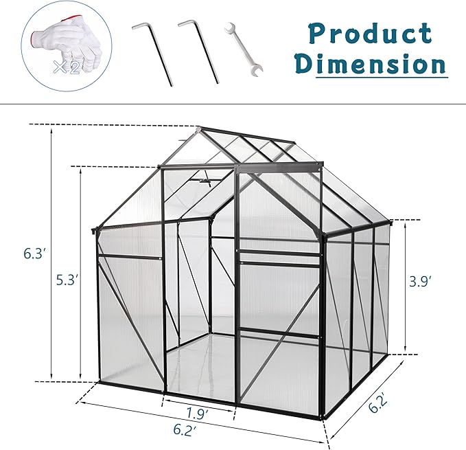 6x6 FT Polycarbonate Greenhouse with Sliding Door and Adjustable Roof, Heavy Duty Aluminum Walk-in Greenhouses w/ Raised Base for Outdoor Garden Backyard,Black