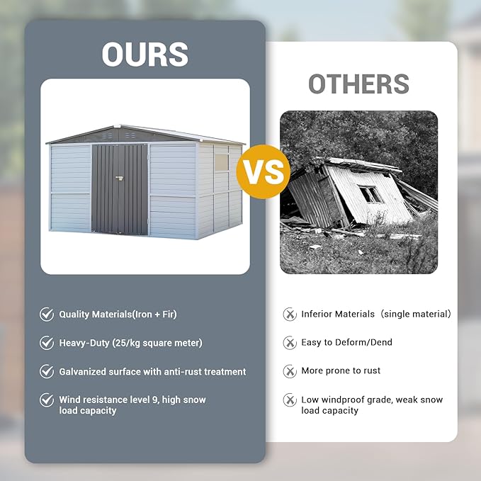 Galvanized Steel Frame & Solid Fir Wood Wall Shed | 8x10ft Outdoor Storage Shed with 10-Grade Waterproof Roof & 9-Level Wind Resistance, Lockable Double Doors & Windows for Garden, Lawn, Patio