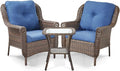 3 Piece Patio Brown Wicker Chairs with Side Table - Outdoor High Back Heavy Duty All-Weather Lawn Dining Rattan Chair Conversation Bistro Set for Deck Porch Balcony Backyard Garden - Navy Blue