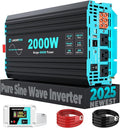 Pure Sine Wave Inverter 2000 Watt, 12V DC to 120V AC Inverters for RV, Truck, Solar, Home, Power Inverter with 3 AC Outlet, 30W USB-C, 5V 3.1A USB, Hardwire Port, Remote Control, Surge 4000W