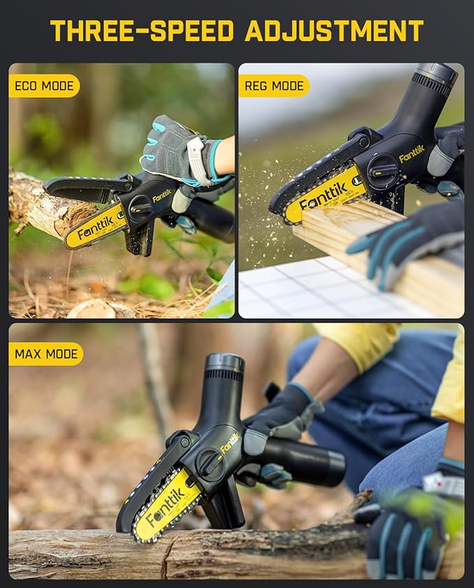 Fanttik TurboLite W10 APEX External Rotor Brushless Motor Mini Chainsaw Cordless with 3 Speed Adjustment, Type-C Fast Charging, LED Light for Tree Wood, Tools for Household and Garden