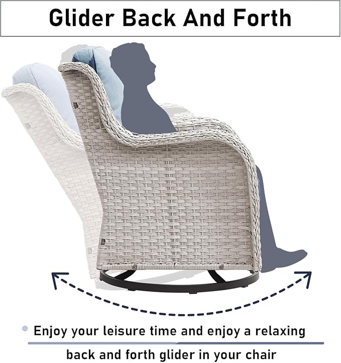6 Pieces Patio Furniture Set with Fire Pit Table, Wicker Rattan Outdoor Furniture Set with Loveseat and Swivel Chairs for Yard, Deck, Garden, Light Beige Wicker/Light Blue Cushion