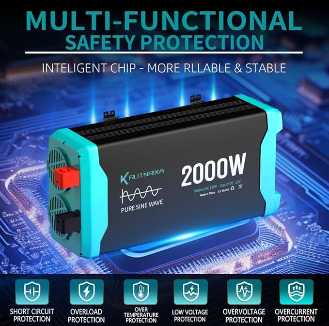 2000W Pure Sine Wave Inverter 12V DC to 120V AC for RV, Truck, Off-Grid, Home, Solar Car Power Inverter with Dual AC Hardwire Port, 50A Socket, 5V 2.1A USB