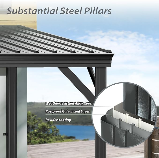 Domi 10'x10' Lean to Gazebo Hardtop, Expandable Wall Mounted Pergola with Gutters & Galvanized Steel Roof, 60MPH Wind Resistance, Outdoor Heavy Duty Metal Awning for Patio, Deck, Backyard - Grey