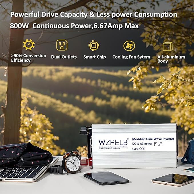 WZRELB 800W Power Inverter 12V DC to 110V 120V AC,1600W Peak Modified Sine Wave Car Inverter with LED Display,Dual AC Outlets,Soft Starter,Off-Grid Power Converter with High Efficiency up to 90%