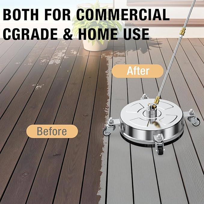 19" Pressure Washer Surface Cleaner with 4 Wheels, Stainless Steel Housing, 4000 PSI Max, 3 Connect Nozzles & 2 Extension Wands, Pressure Washer Surface Cleaner for Concrete, Patios, Sidewalks