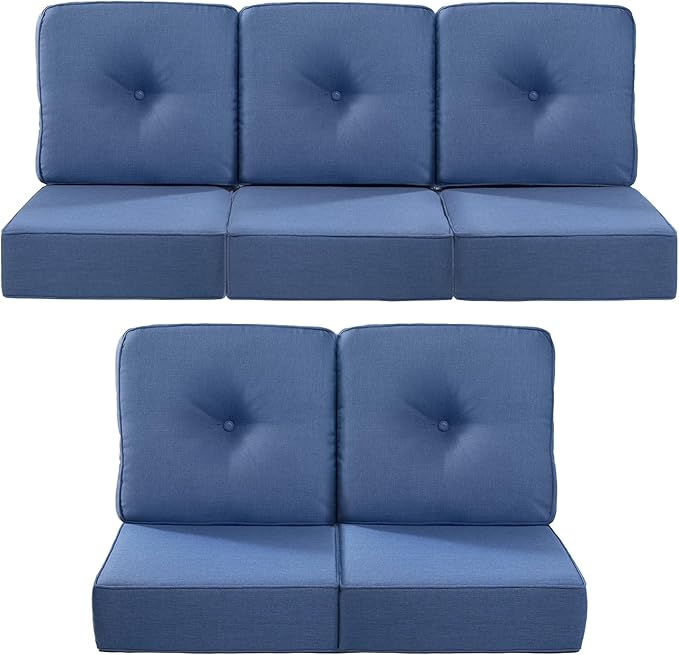 Luxury 22x24/22x25 6-Inch Outdoor Cushions for 5 Peice Patio Set - Set of 5 Outside Deep Seat Cushion for Porch Furniture Wicker Rocking Glider Loveseat Couch Sectional Sofa - Navy Blue