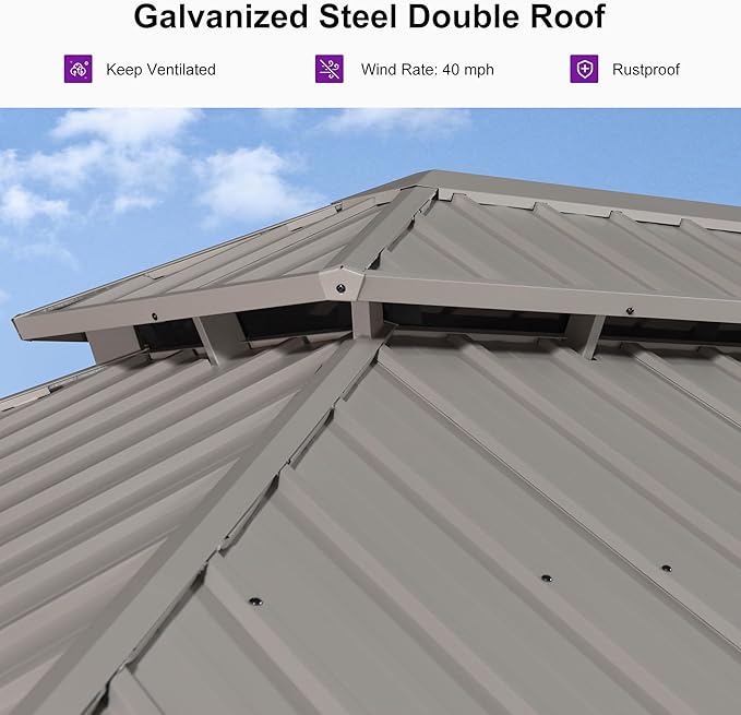PURPLE LEAF 12' x 14' Outdoor Hardtop Gazebo, Champagne Aluminum Gazebo with Galvanized Steel Double Roof, Curtains and Netting for Patio Lawn and Garden