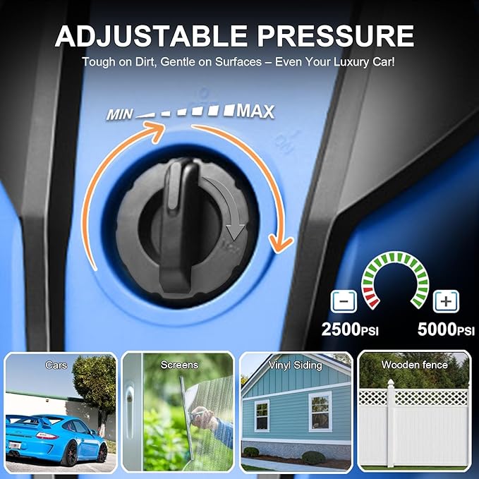 Pressure Cleaner Adjustable 5000PSI 4.0 GPM High Power Cleaners with 33ft Hose Reel, 4 Nozzle and Foam Cannon, Power Cleaners Machine for Home, Cars, Patio (Blue)