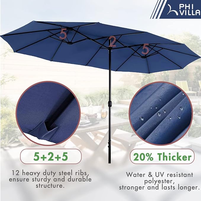 PHI VILLA 7 Pieces Patio Dining Set for 6 with 13ft Large Patio Umbrella, Metal Outdoor Stackable Wrought Iron Chair Set of 6 & 60"X38" Metal Dining Table,Market Table Dark Blue Umbrella