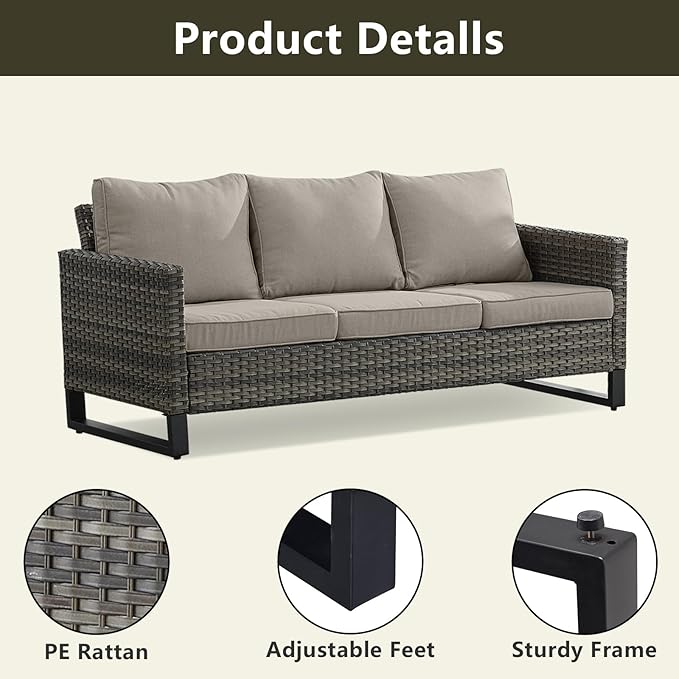 Rilyson Wicker Outdoor Couch Patio Sofa - 3 Seater Rattan Outdoor Patio Couch with Waterproof Wicker,Comfortable Cushions and Sturdy Metal Frame for Outside Porch Deck Backyard(Mixed Grey/Grey)