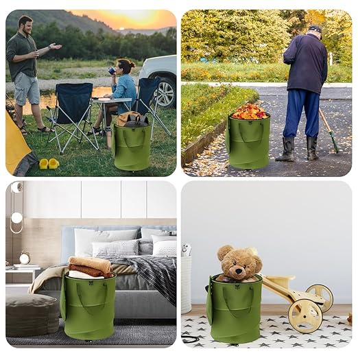 Collapsible Pop Up Trash Can, Outdoor Recycling Bin 13.8x15.8 in, 600D Oxford Cloth Yard Waste Bags, Camping Trash Can With Clip and Zip Lid (1Pcs-Green 10 Gallons)