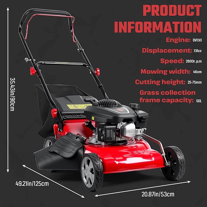 3 in 1 Gas Lawn Mower Self Propelled Self Propelled Gas Lawn Mower, 131cc Engine with Air Cooling, 50L Grass Tank, Foldable Design Red, Big Wheels & Easy Start