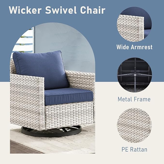 Wicker Patio Furniture Set, 6 PCS Outdoor Patio Furniture Set with Swivel Chairs, Includes 2 Swivel Patio Chairs, 1 Outdoor Couch, 1Side Table and 2 Ottoman, Light Beige/Blue