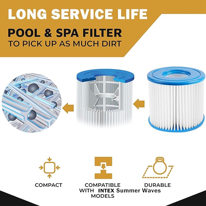 Type D Pool Filter Cartridge Replacement Compatible with Summer Waves P57100102, P57000104, Intex Type D, Summer Escapes Pool Filter, VII Filter, RX600 Above Ground Pools Pool Pump, 8 Pack