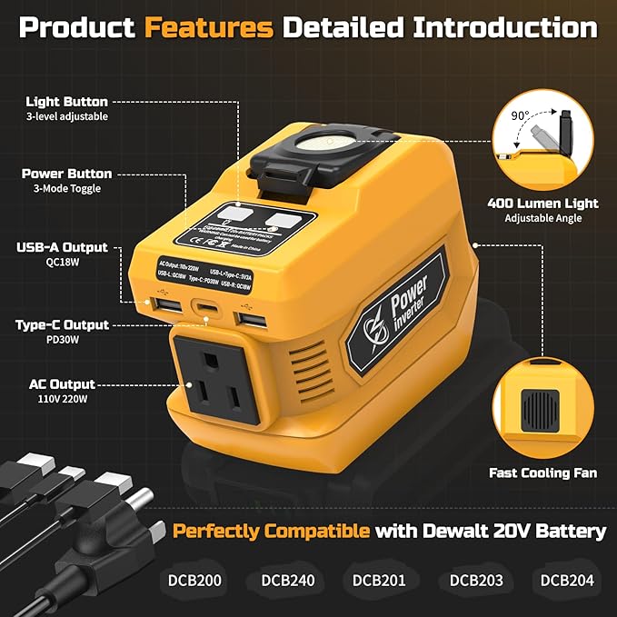 220W Power Inverter for Dewalt 20V Battery, DC 20V to AC 110V Battery Inverter, Portable Power Station Generator with 1 AC Outlet, 2 USB Ports & 1 Type-C Fast Charging, 400LM LED Work Light