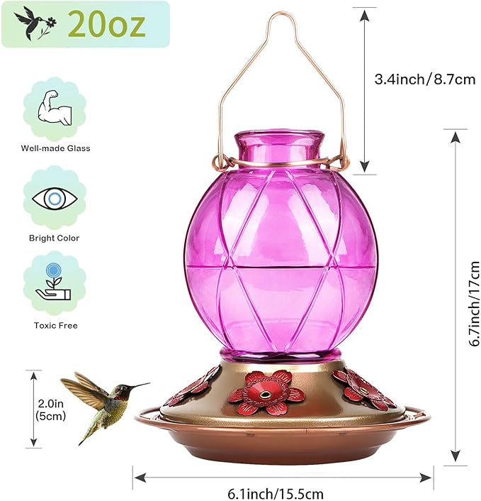 BOLITE Hummingbird Feeders for Outdoors Hanging, Glass Hummingbird Feeder, Wild Bird Feeder with Five Feeding Ports, 20 Ounces, 2 Pack, Purple and Blue, Birthday Gifts for Women Men, Gifts for Mom Dad