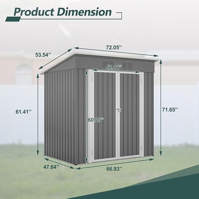 6x4 FT Shed Outdoor Storage Metal Large Garden Tool Sheds with Lockable Doors Floor Frame Shed-Roof Waterproof Steel Utility Equipment Sheds for Backyard Patio Lawn Poolside, Grey