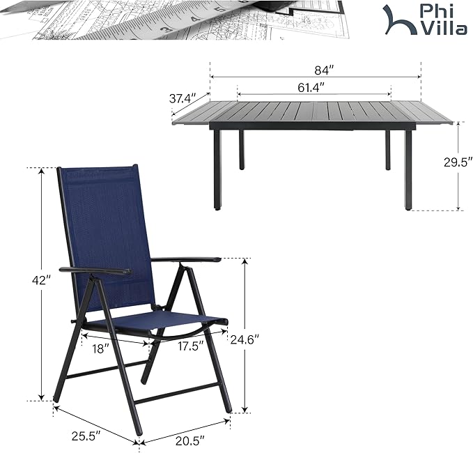 PHI VILLA 9 Piece Outdoor Dining Set, All Weather Furniture Patio Table and Chairs for 8 with Adjustable Lightweight Patio Folding Dining Chairs (Blue) & Extendable Metal Table for Garden, Yard