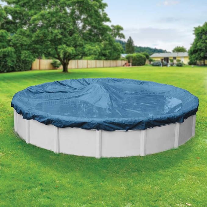 Robelle 30 ft Heavy Duty Blue Winter Pool Cover for Above Ground Pools, 4 ft Overlap (34 ft Cover Size), Solid 8 x 8 Scrim, 2.36 oz/yd2, 10-Year Warranty, Style: 3530-4