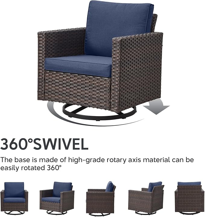 6 Piece Wicker Patio Furniture Set - Outdoor Swivel Rocker Chairs Set with Side Table, 3 Seat Sofa and Ottomans, Small Patio Conversation Sets Proch Furniture for Balcony Deck - Brown/Blue