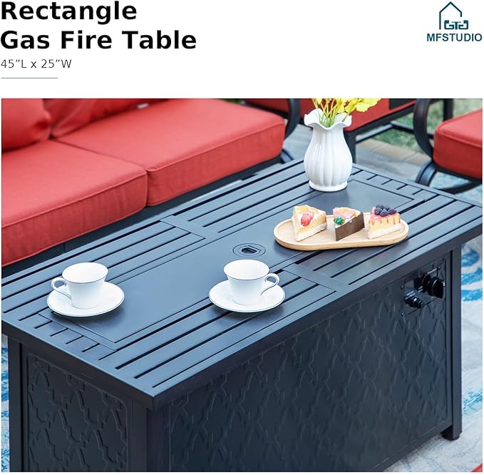 MFSTUDIO 6 Pieces Patio Furniture Sets with 45" Gas Fire Pit Table(Up to 7 Seat), Outdoor Metal Frame Patio Conversation Sofas with 1 x 3-Seat Sofa, 2 Rocking Chairs and 2 Ottoman, Burgundy Cushion