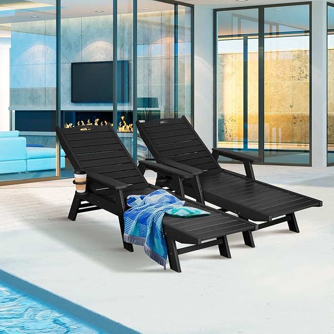 nalone Chaise Lounge Outdoor with 5-Position Adjustable Backrest, HDPE Lounge Chair for Outside Supports Up to 400 LBS, Pool Lounge Chairs for Patio Poolside Deck Beach Backyard (Black)