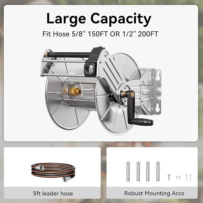 Giraffe Tools Stainless Steel Garden Hose Reel Heavy Duty, Wall/Floor Mounted Stainless Water Hose Reel Retractable with Crank, 150-Feet 5/8" Hose Capacity